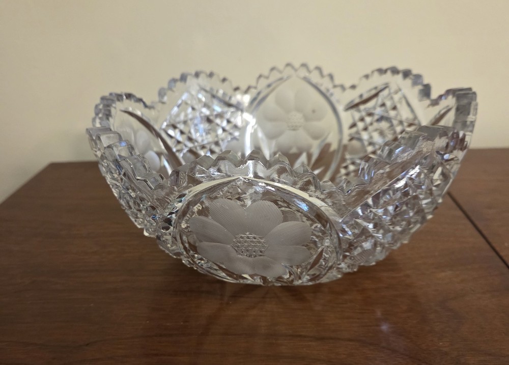 Vtg Lead CRYSTAL AMERICAN Brilliant Cut Bowl Sawtooth Edge Etched Flowers & Leaf