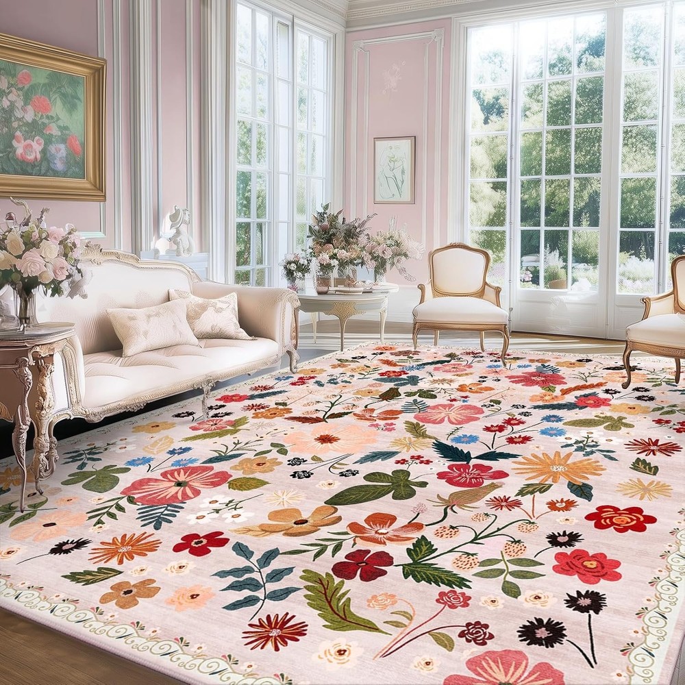 Beige Pink 8x10 Area Rugs for Living Room Boho Vintage Floral Washable Large Rug