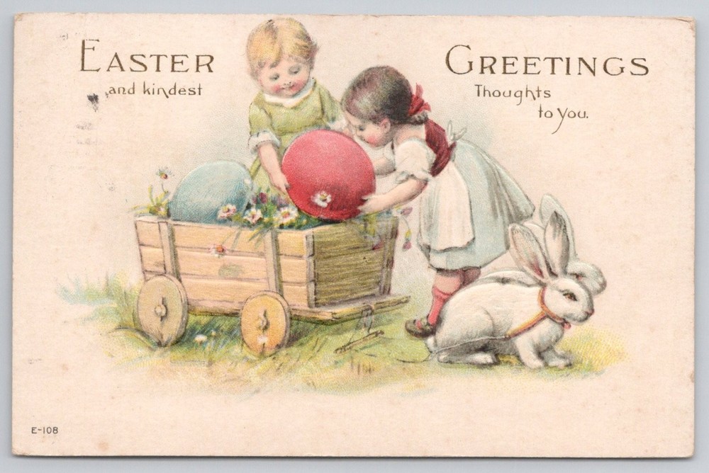 Vintage 1917 Easter Greetings Postcard Embossed Children Rabbit Eggs WWI Era