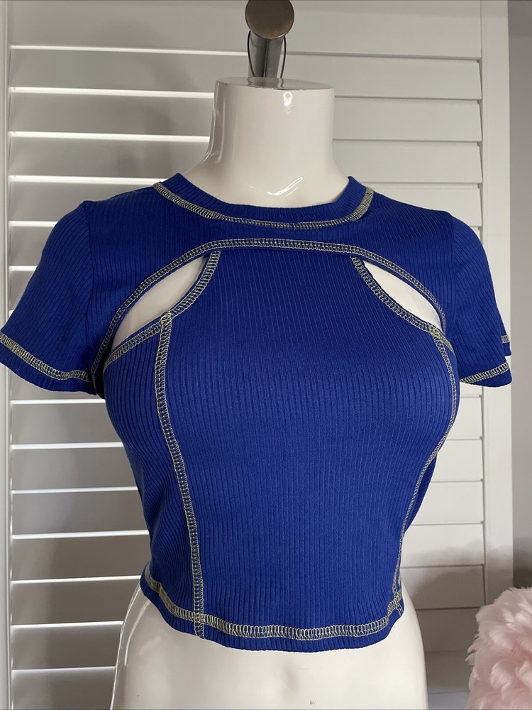 New Juniors Love J Royal Blue Key Holes Short Sleeve Cropped Blouse Top Size M