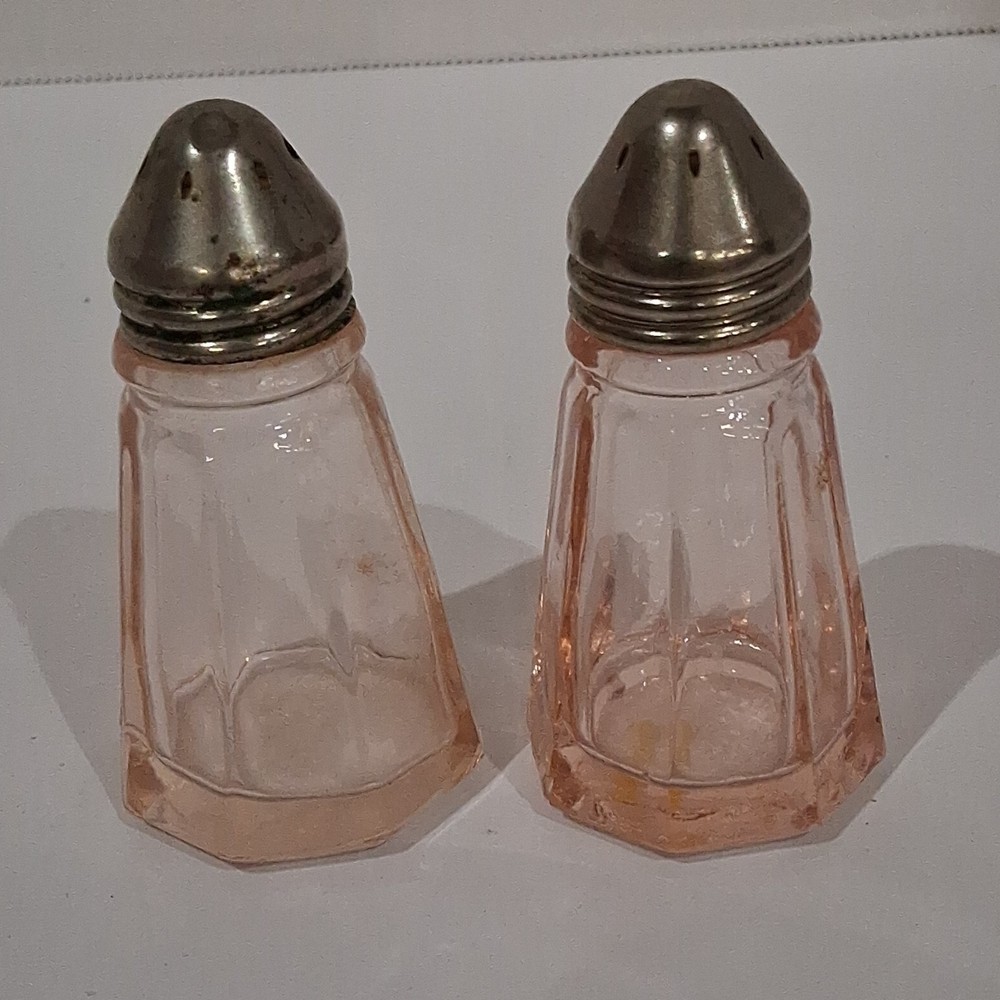 Pink Octagonal Glass Salt & Pepper Shakers with Metal Lids, Set of 2, 2.5in