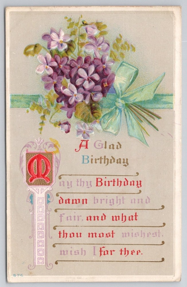 Vintage Embossed Birthday Postcard Violets Petersburg PA Postmark 1910s