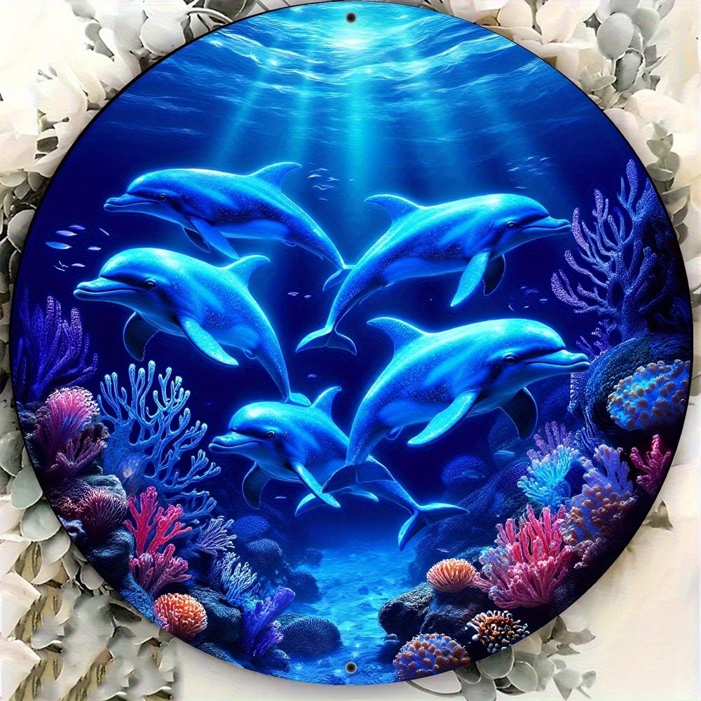 Dolphin Paradise Ocean Theme Round Aluminum Wall Sign for Bathroom