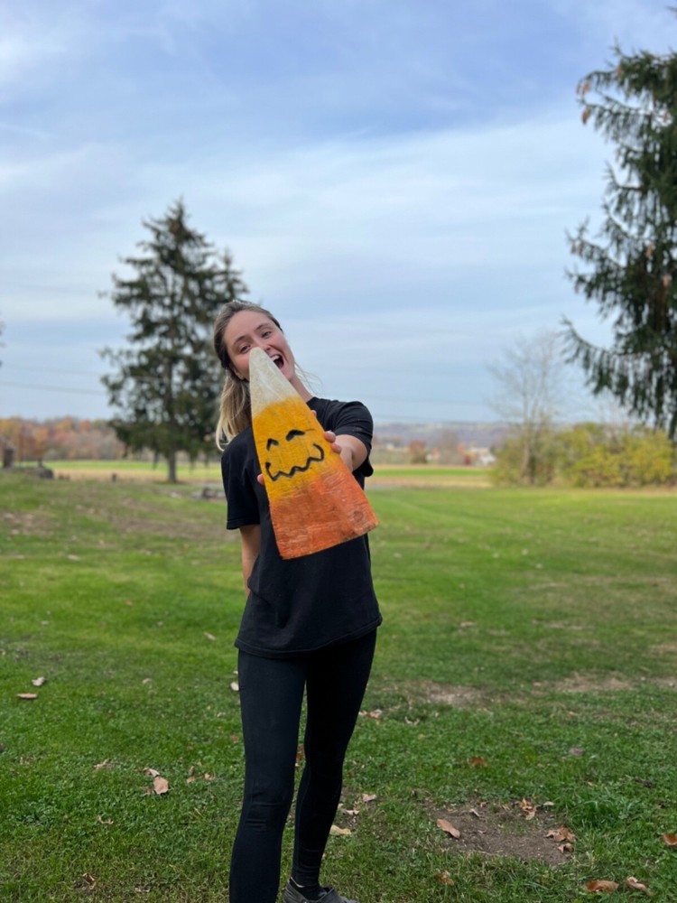 Chainsaw carving made by ChainsawJenna- CANDY CORN HALLOWEEN