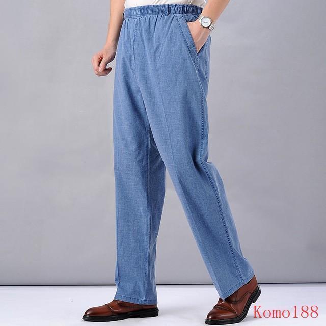 Men Linen High Waist Elastic Wide Leg Pants Summer Loose Fit