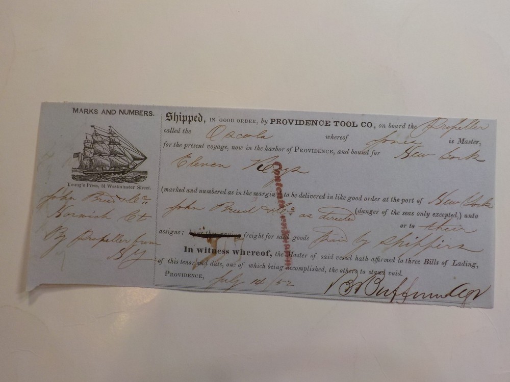 Ship Document 1852 Propeller Osceola Providence Tool Company Rhode Island Signed