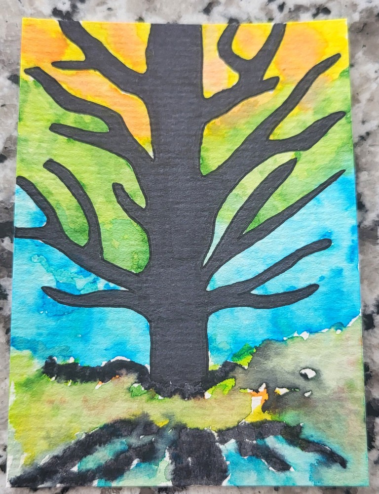 ACEO Original Abstract Watercolor Alcohol Ink Tree Art Card 2.5x3.5-image