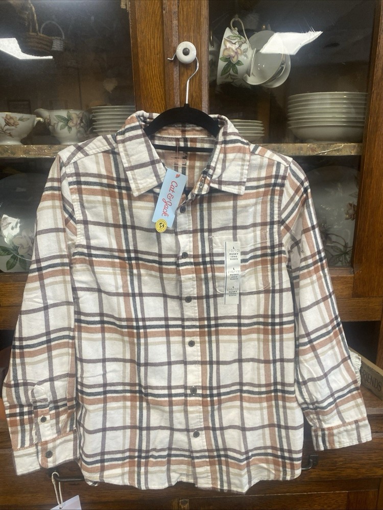Cat & Jack Boy's Large (10-12)  Husky Flannel Long Sleeve Button Up Shirt Plaid