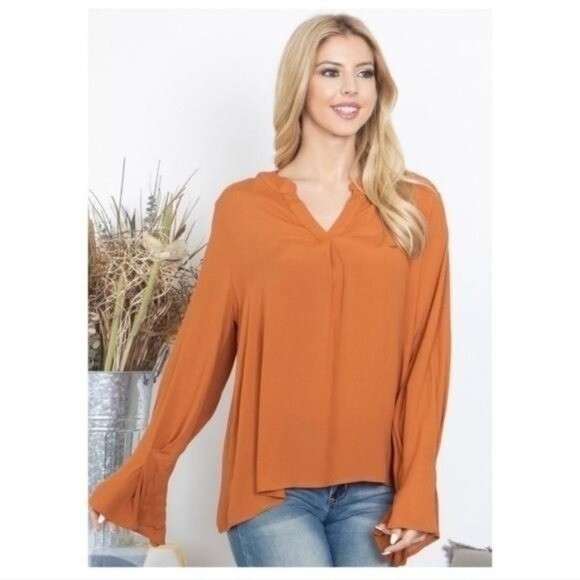 Flowy Rust Orange V-Neck Bell Sleeve Blouse Top Lightweight-SMALL