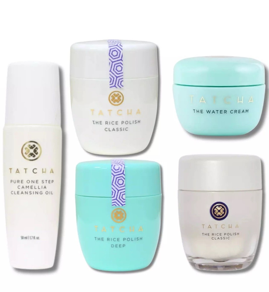 5X TATCHA Best Sellers Set – Water Cream, Rice Polish Deep & Classic, Cleansing Oil