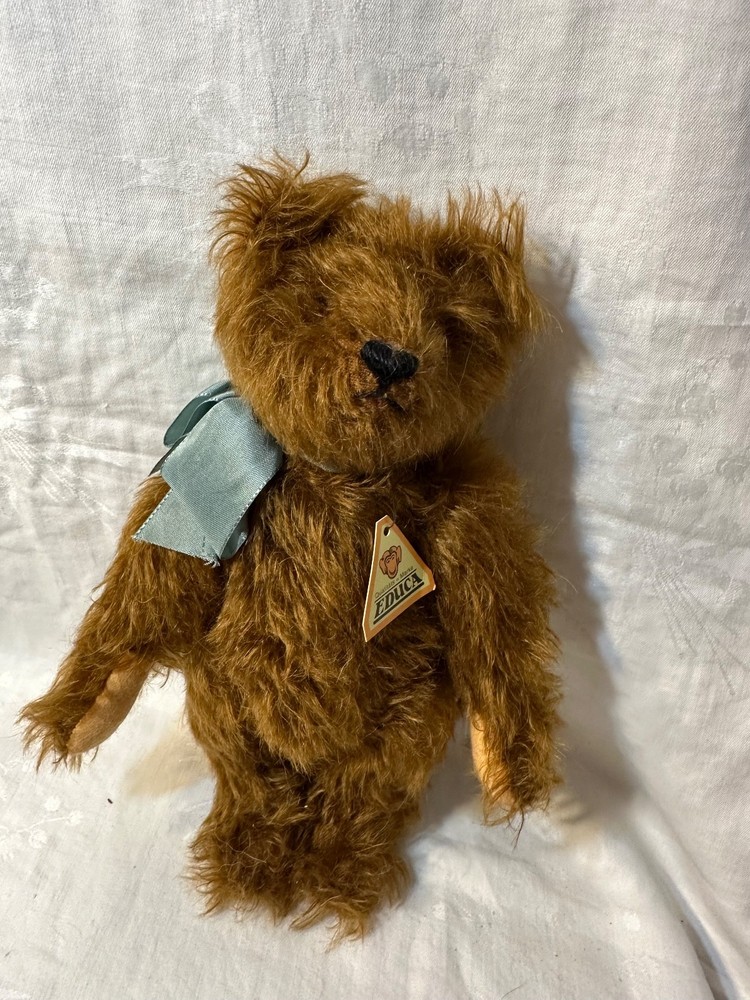 Vintage Edward Cramer EDUCA jointed Brown mohair, teddy bear Teal Ribbon 11in