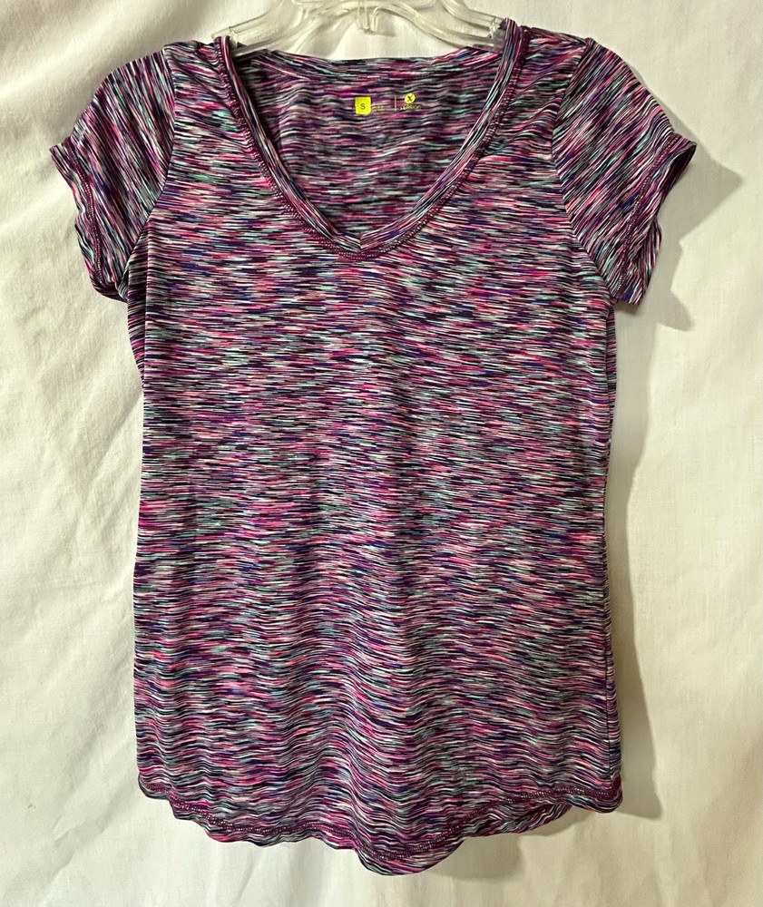 Xersion multi-color v-neck active wear short sleeve shirt women's size small