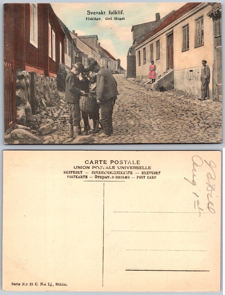 Svenskt Folklif Fiskläge Sweden People Cobbled Street Postcard