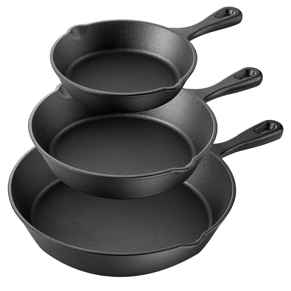 MegaChef Skillet Trio Pre-Seasoned Cast Iron Cookware Set, 3 Piece, Black