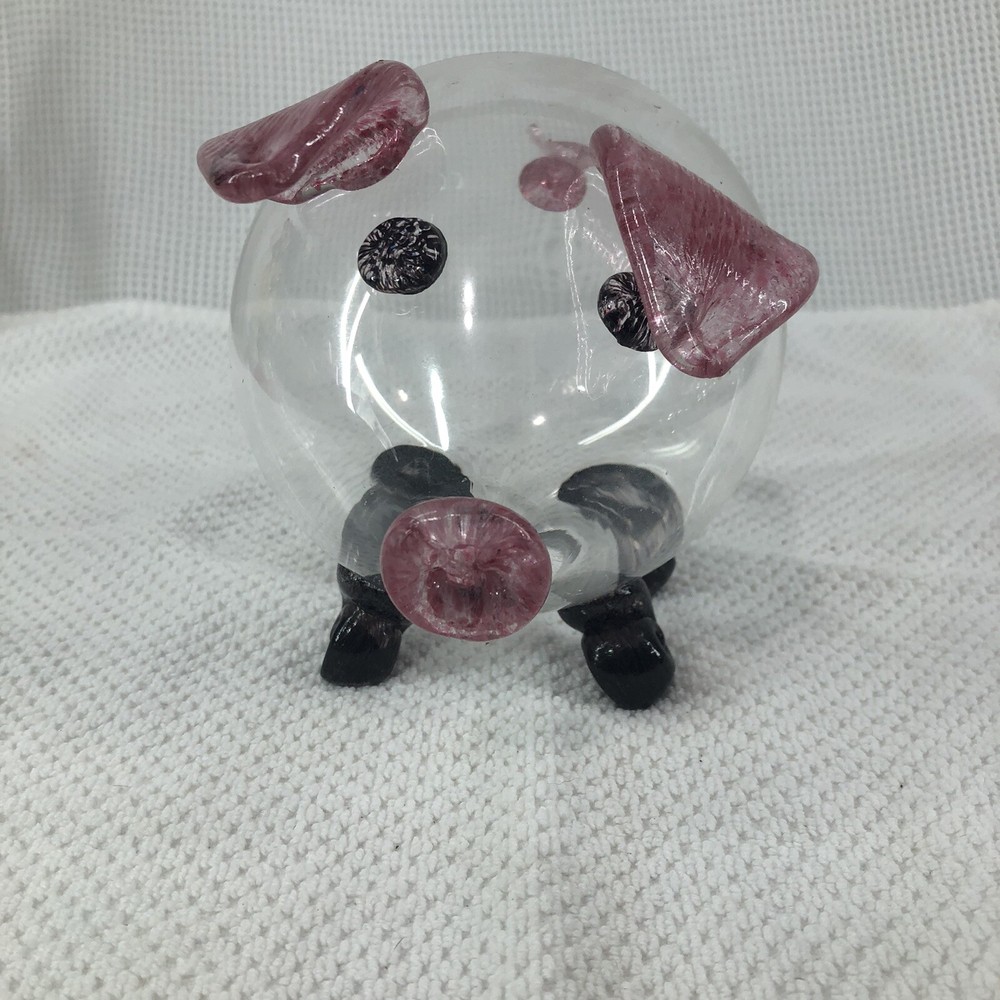 Glass Piggy~Collectible Hand Blown Art Glass Figurine Clear Pink Black 5x5