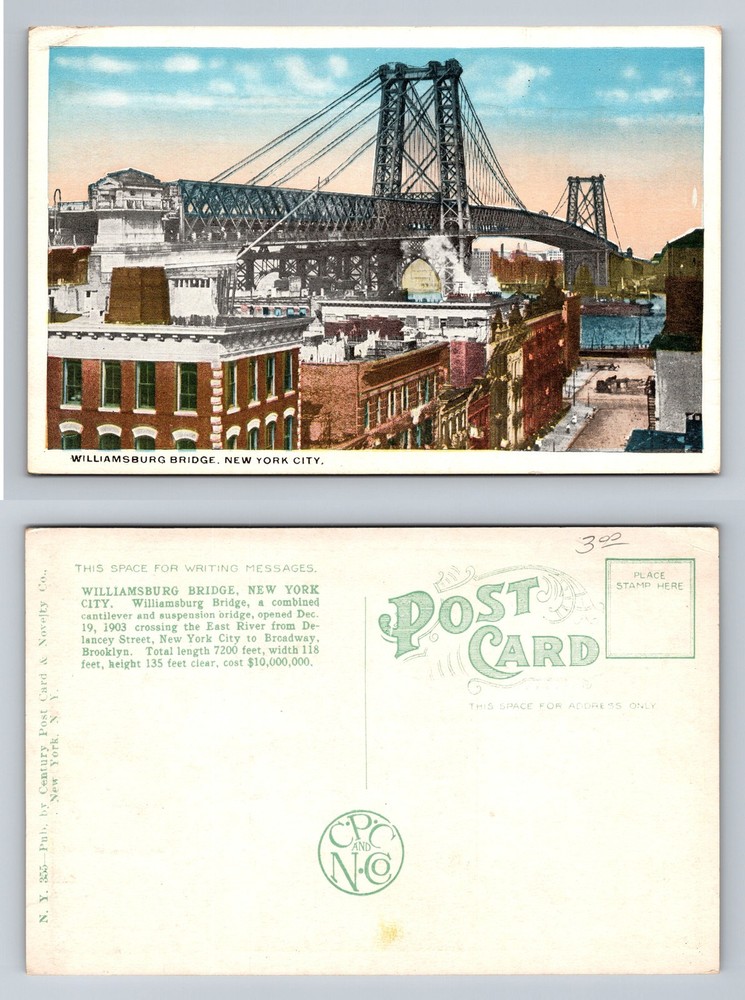 Williamsburg Bridge, NY-New York, East River Skyline View Vintage Postcard