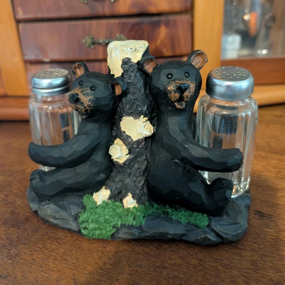 Bear Animal Salt & Pepper Shaker Set with Tree Holder Glass Resin Country Style