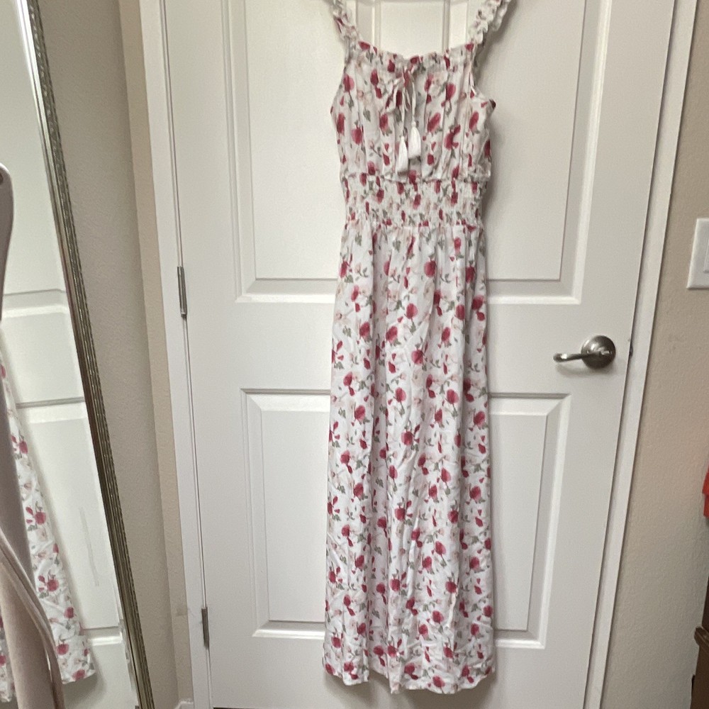 Faded Rose White/Pink/Green Floral Smocked Maxi Dress Strappy Sleeveless M