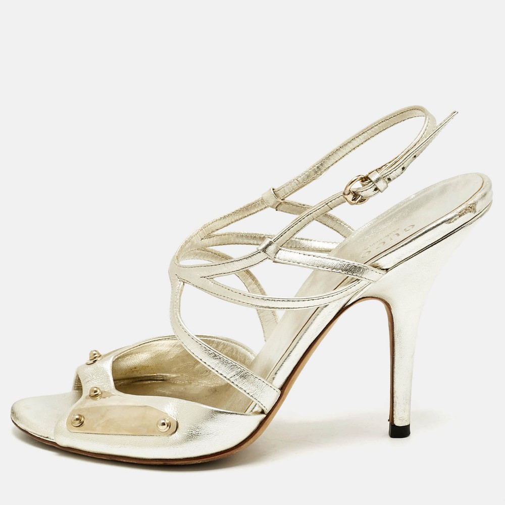 Gucci Gold Leather Embellished Ankle Strap Sandals Size 38