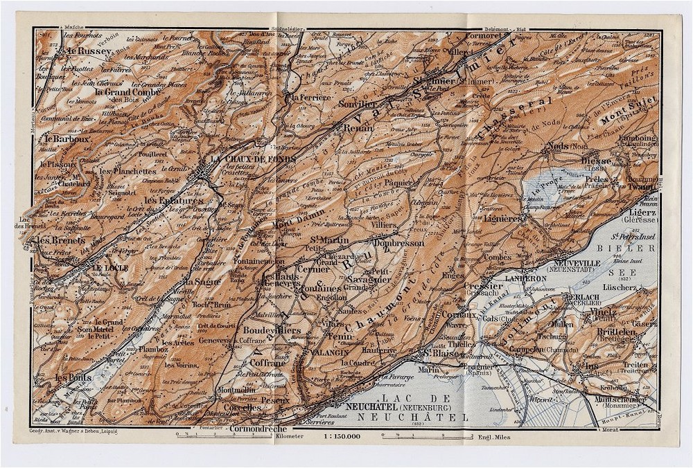 1911 Original Antique Map Of Vicinity Of Neuchatel La-Chaux-De-Fonds Switzerland