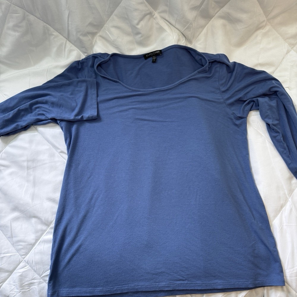 Eileen Fisher F19 Viscose Spandex Jersey Scoop Neck 3/4 Sleeve Top Blue PL