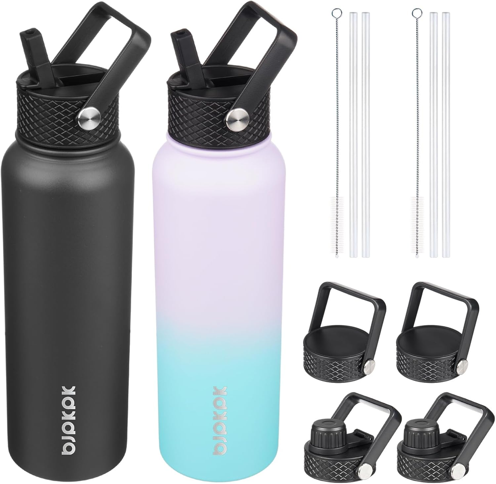 2 Pack Insulated Water Bottles with Straw Lids, 40oz Stainless Steel Metal Water