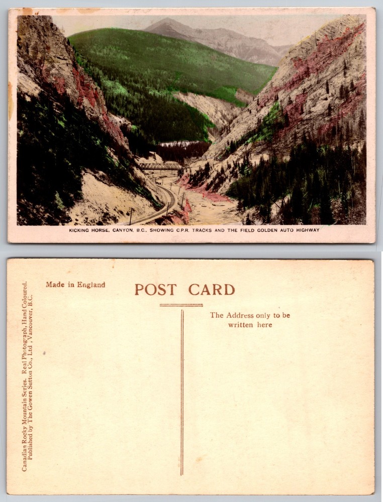 Kicking Horse Canyon CPR Tracks Field Golden Auto Highway Postcard