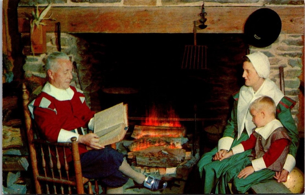 Vintage Lusterchrome Postcard Pilgrim Family Bible Reading Plimoth Plantation MA