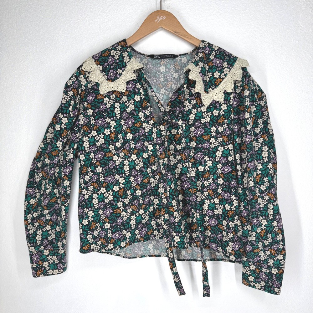 Zara Dark Floral Crochet Lace Peter Pan Collar Blouse Top XL Prairie Cottagecore