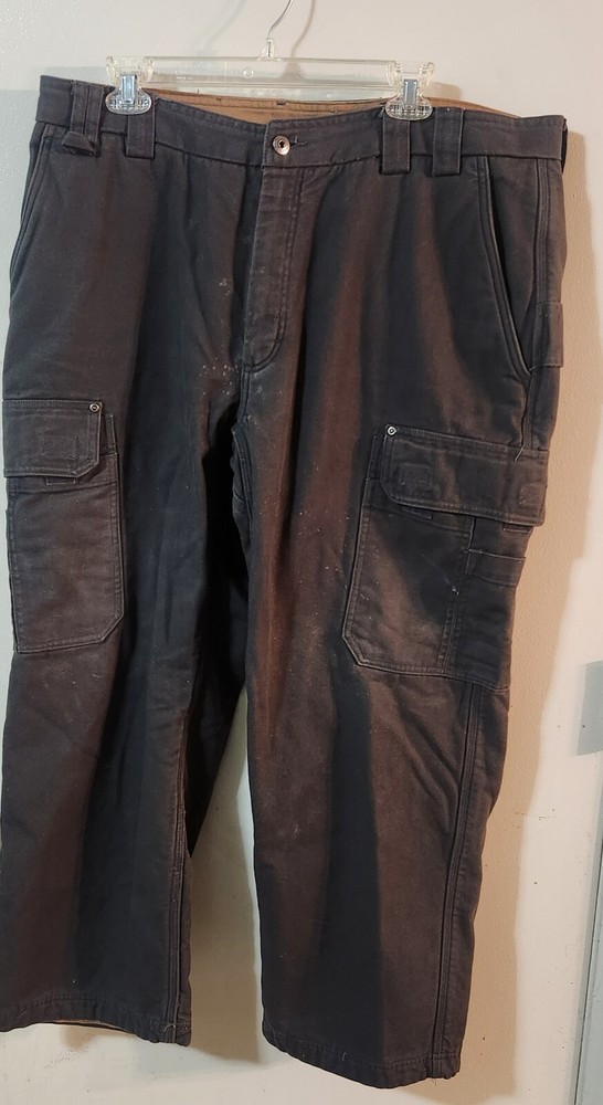 Duluth Trading Co Mens 40x30 Brown Canvas Cargo Pants Fleece Lined READ spots