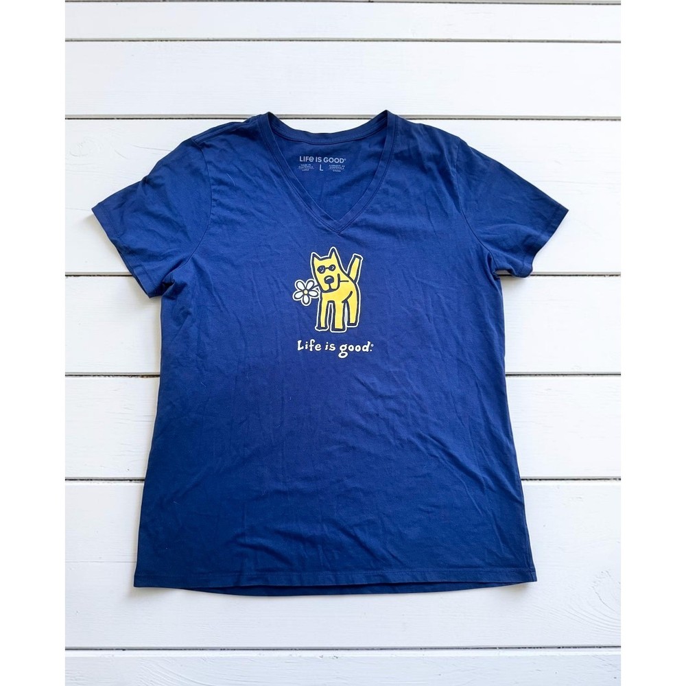 Life Is Good Crusher V Neck T Shirt Womens Large Blue Jake Dog Flower Graphic T