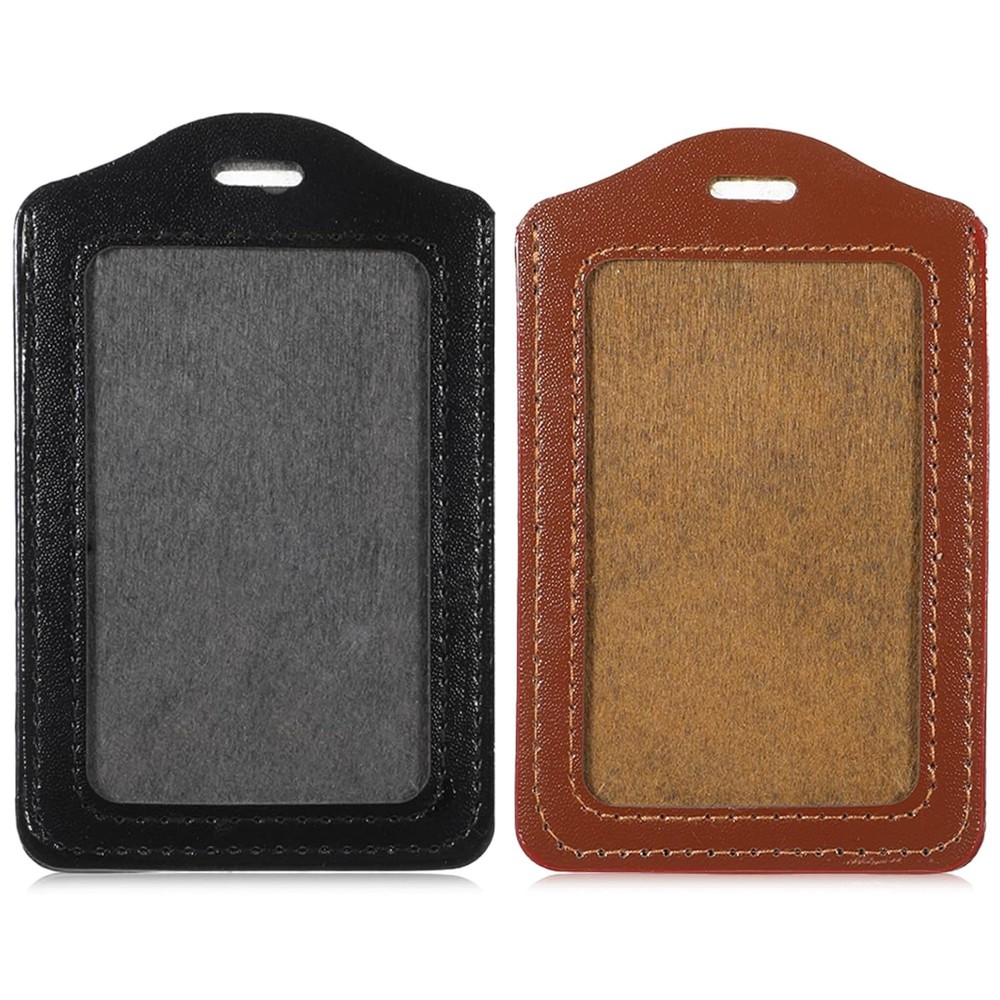 2 Pack Vertical ID Badge Holder Leather Double-Sided Clear Window Card Sleeve