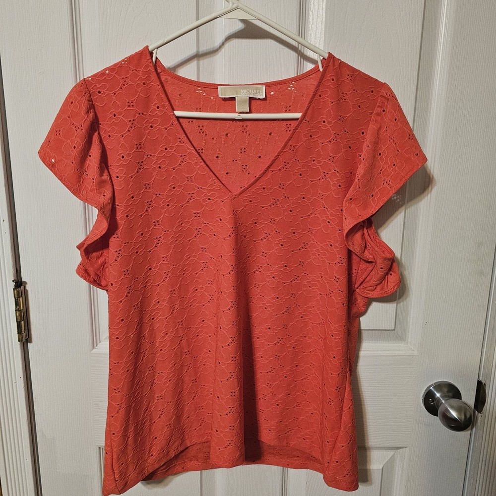 Michael Kors Women’s Coral Eyelet Design V Neck Short Sleeve Size Large Floral