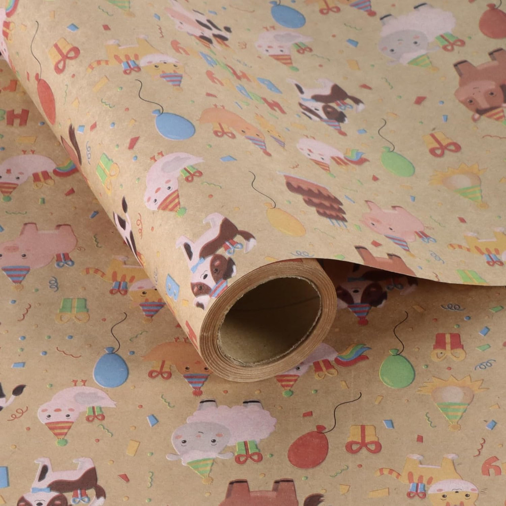 Farm Animals Kids Kraft Birthday Wrapping Paper Roll, Baby Barn Animal Gift Wrap