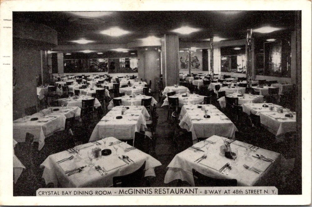 1949 McGinnis Restaurant NYC Crystal Bay Dining Room Postcard Times Square