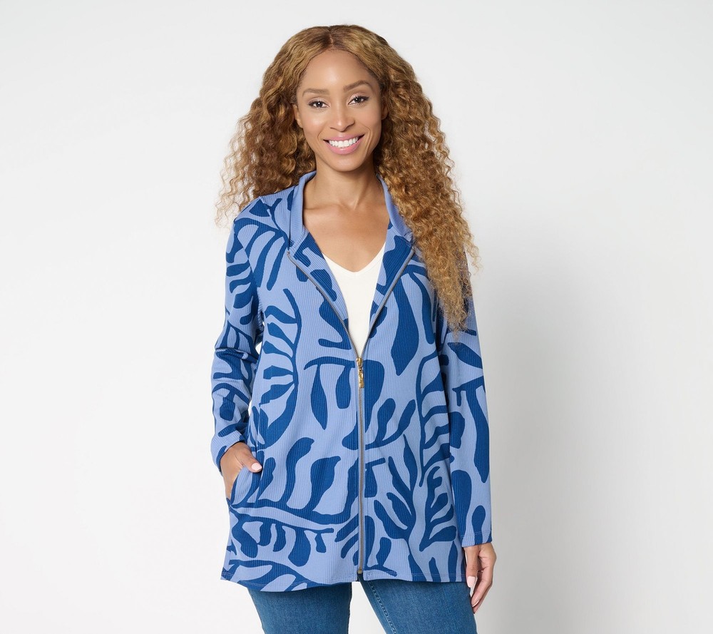 Susan Graver Women's Top Sz M Weekend Printed Zip Front Textured Blue A700426