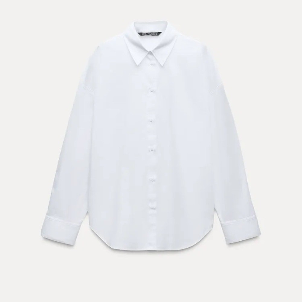 NWT zara white poplin cotton long sleeve bottom down dress business top shirt