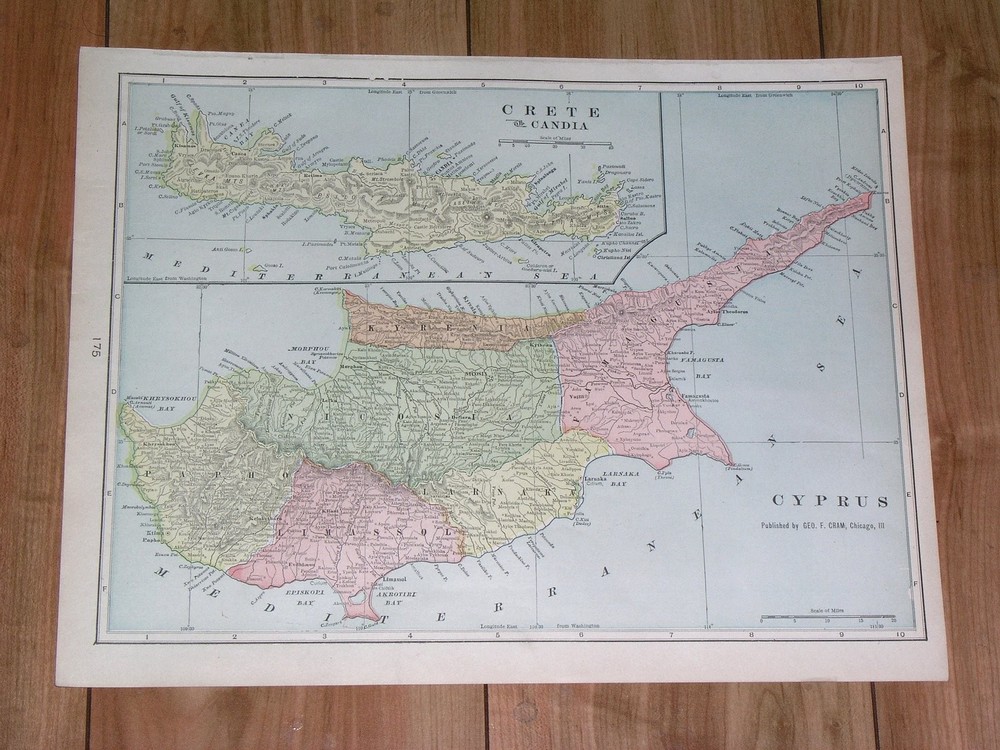 1901 Original Antique Map Of Cyprus / Crete Candia Greece