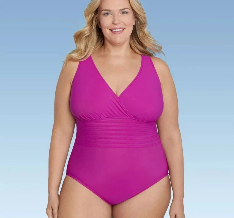 Women's Waist Detail Over the Shoulder One Piece Swimsuit Aqua Green Pink 17