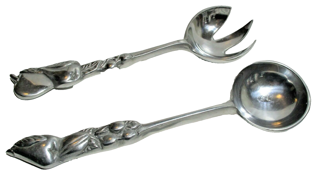 Vintage Salad Servers Spoon Fork Serving Set Cast Metal Aluminum 11