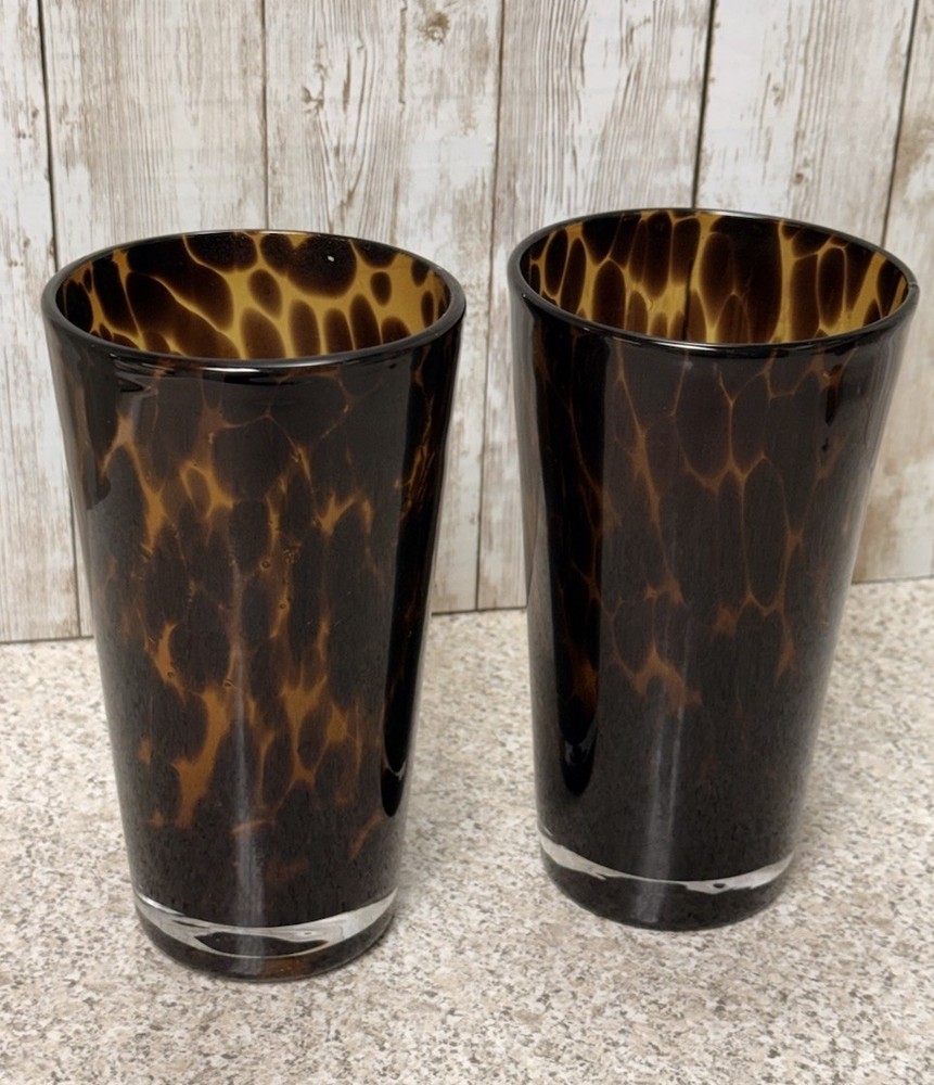 2 Tall Hand Blown Tortoise Shell Tumbler Glasses VTG Art Glass, Amber & Brown