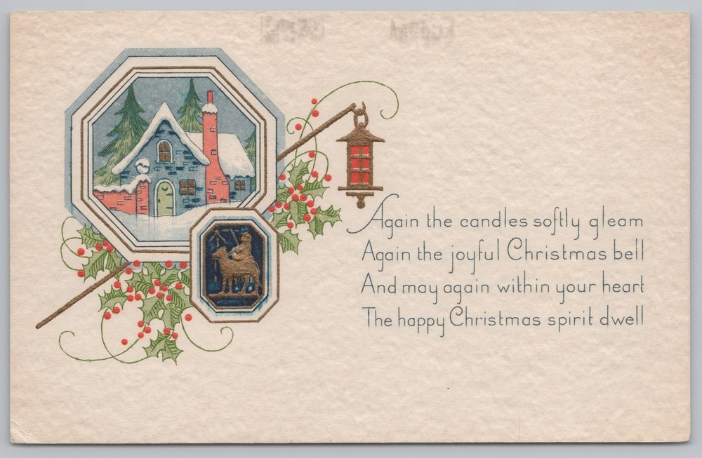 Holiday~Christmas~Home in Winter~Lantern~Vintage Postcard