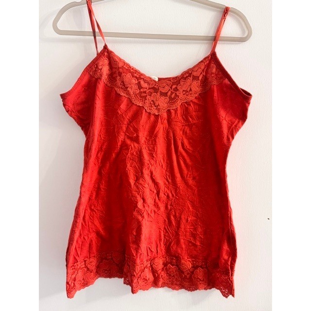 Y2K Maurices Orange Lace Trim Crinkle Camisole Adjustable Straps Tank Top L/XL