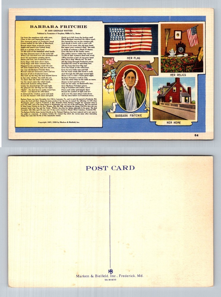 Frederick, MD-Maryland, Barbara Fritchie Poem Flag Relics Home Vintage Postcard