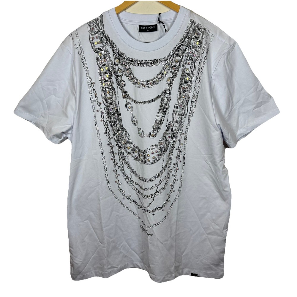 Left Point Men's White T-Shirt Crew Neck Rhinestone Bling Size XL SS NWT Rare