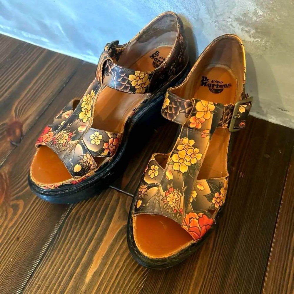 Dr. Martens ADAYA Tan Tattoo Floral Wedge Sandals EVISU Collab Size UK3 Used