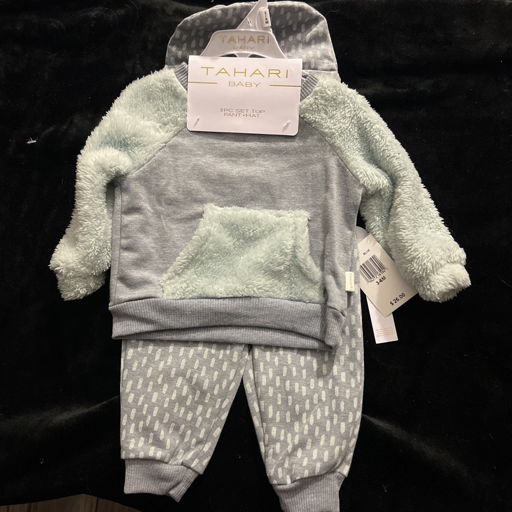 Tahari Baby 3 Piece Set Pullover Pants & Cap Size 3/6 Months Baby Boy New w/Tag