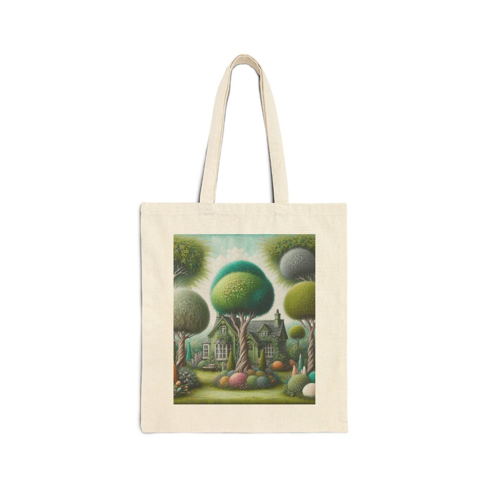 Whimsical Shabby Chic Cotton Canvas Tote Bag with Cottage and Trees Design - Perfect Gift