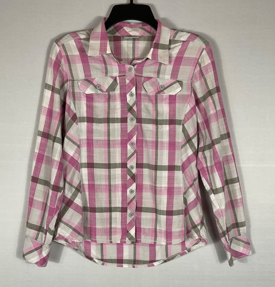 Columbia Shirt Womens Med Pink Ivory Plaid Button Long Roll Tab Sleeve Pocket