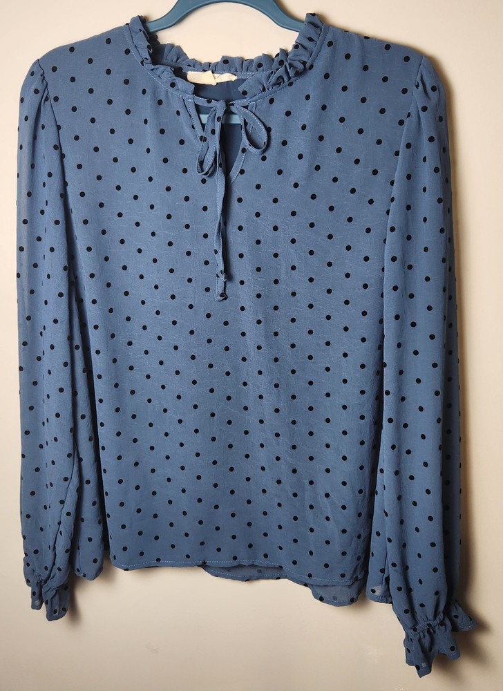 Easel Los Angeles Blouse Women’s M Blue Black Polka Dot Ruffle Neck Long Sleeve
